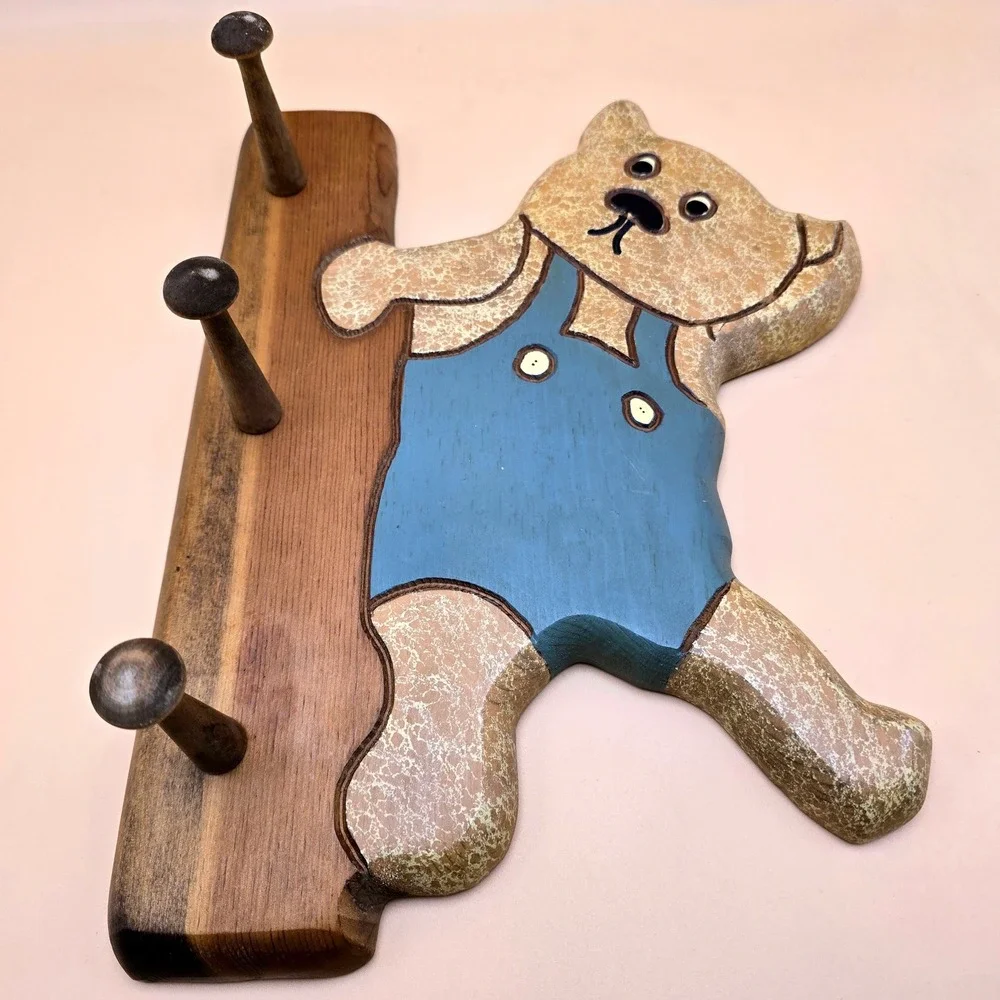 Vintage Wooden Teddy Bear Wall Hook Rack Kids Decor Blue Overalls 3 Pegs‎